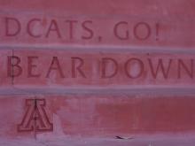 Steps outside the Student Union, with "Bear Down" and Block A logo imprinted